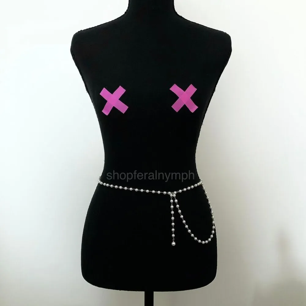 White Faux Pearl Gold Coquette Body Chain Belt, Fits Up to 42 Inches, X7GA1241